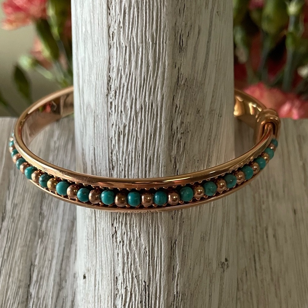 Bronze Bangle with Gold Toned and Turquoise Colored Beads
